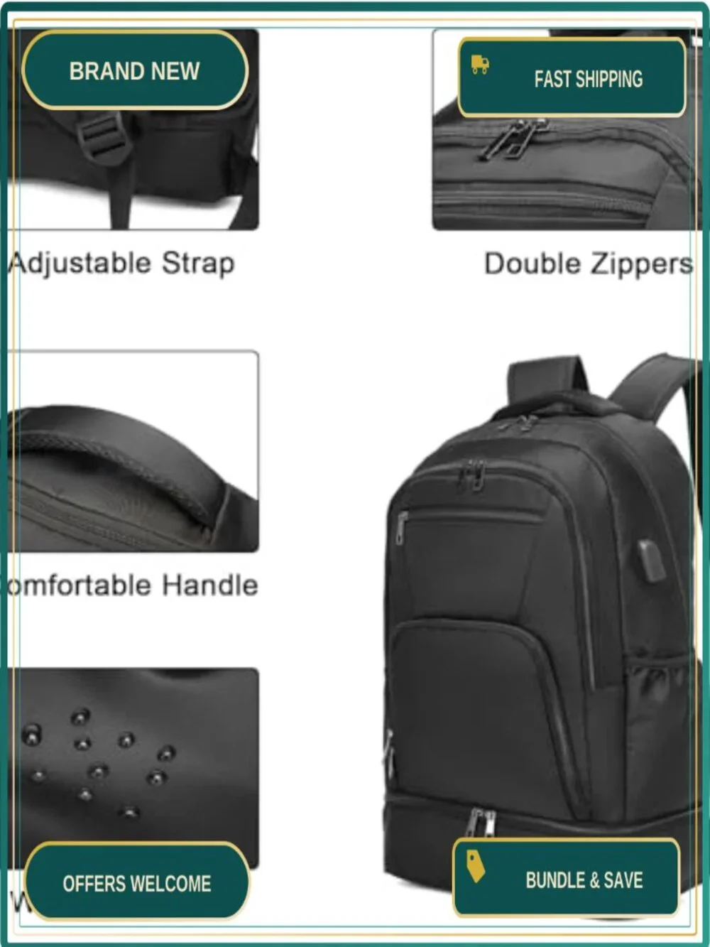 Gym Backpack with Shoe Compartment Waterproof USB Charging Travel Laptop Daypack